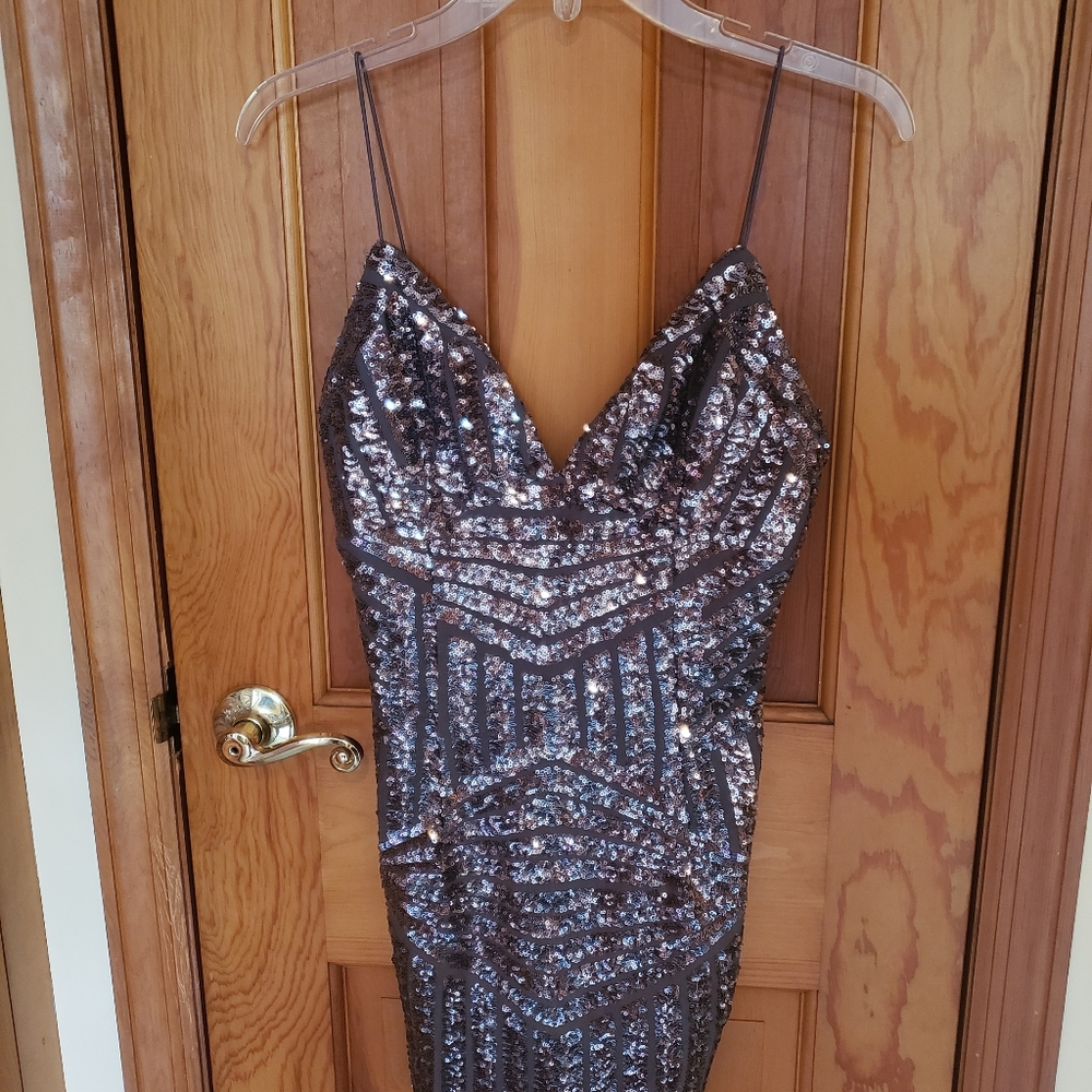 Silver sequin spaghetti strap mini dress!